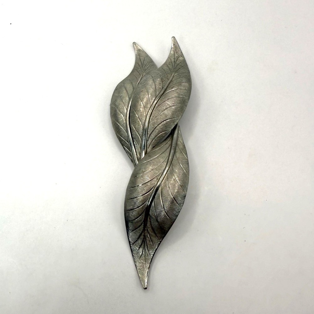Vintage‎ Silver Tone Double Leaf Brooch Mid Century Botanical Pin